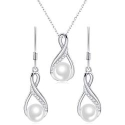 Cat Eye Jewels 8mm Pearl Necklace Earrings Set Dangle Stud 925 Sterling Silver Cubic Zircona Weeding Jewelry for Brides and Bridesmaids