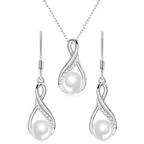 Cat Eye Jewels 8mm Pearl Necklace Earrings Set Dangle Stud 925 Sterling Silver Cubic Zircona Weeding Jewelry for Brides and Bridesmaids