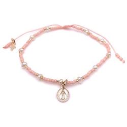 LESLIE BOULES Gold Plated Miraculous Tiny Medal Bracelet Miyuki Salmon-Pink Seed Beads Handmade Jewelry