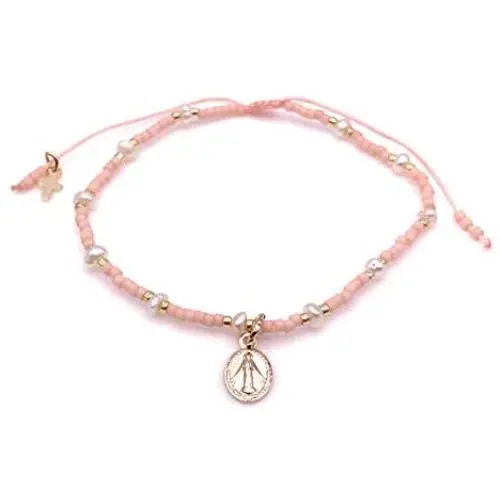 LESLIE BOULES Gold Plated Miraculous Tiny Medal Bracelet Miyuki Salmon-Pink Seed Beads Handmade Jewelry