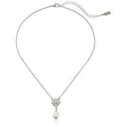 1928 Jewelry Simulated Pearl and Crystal Adjustable Pendant Necklace, 16''+3 Extender