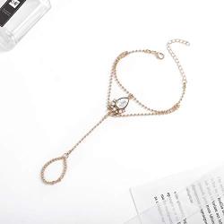 Chicque Boho Hand Chain Rhinestone Finger Ring Bracelet Bead Hand Jewelry for Women and Girls (Gold)