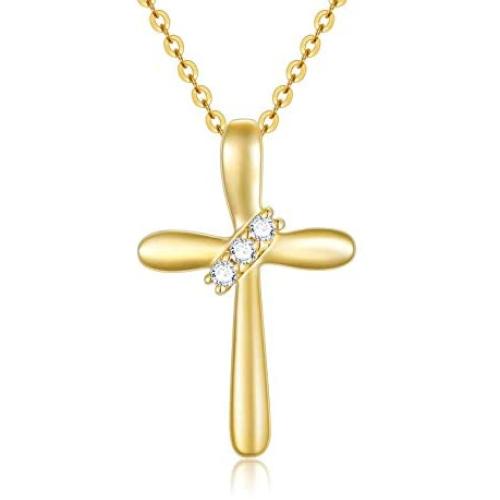 10K Real Gold Diamond Cross Necklace for Women, Natural Round-cut Diamond Accent Gold Cross Pendant Christmas Anniversary Love Gift Jewelry for Her, 18 inch