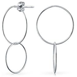 Minimalist Geometric Round Thin Two Interlocking Open Circle Dangle Stud Earrings For Women 925 Sterling Silver 1.25 In