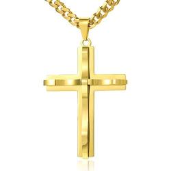 Hermah Mens Women Jewelry Gold Black Silver Cross Pendant Necklace Stainless Steel Curb Cuban Link Chain 18-24inch