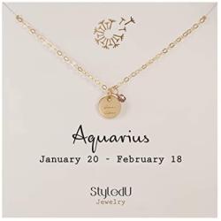 StyledU Dainty Zodiac Necklace 14k Gold Filled Astrology Mini Disc with Birthstone Necklace Constellation Horoscope Necklace Birthday Gifts for Teen Girls and Women, 16” Chain