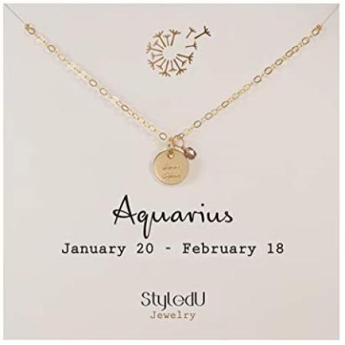 StyledU Dainty Zodiac Necklace 14k Gold Filled Astrology Mini Disc with Birthstone Necklace Constellation Horoscope Necklace Birthday Gifts for Teen Girls and Women, 16” Chain