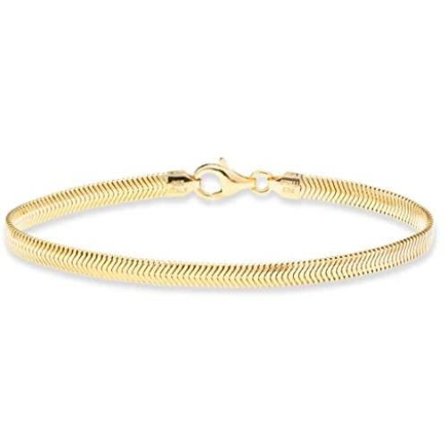 Miabella 18K Gold Over Sterling Silver Italian Solid 4mm Flat Snake Dome Herringbone Chain Link Bracelet for Women Men 6.5, 7, 7.5, 8, 8.5 Inch, 925 Italy