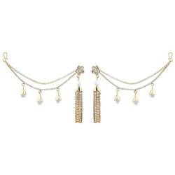 Efulgenz Crystal Rhinestone Pearl Gold Plated Wedding Bridal Tassel Earrings Set with Support Chain Hair Accessory Jewelry