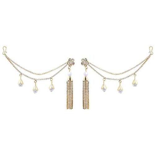 Efulgenz Crystal Rhinestone Pearl Gold Plated Wedding Bridal Tassel Earrings Set with Support Chain Hair Accessory Jewelry