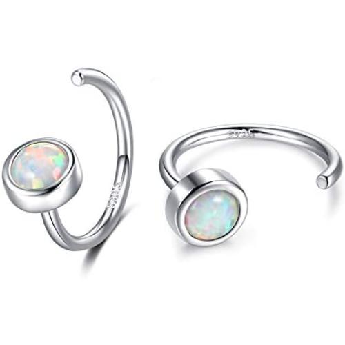 Dainty Hug Hoops Earrings 925 Sterling Silver Created Gemstone Huggie Hoops Earrings Synthetic Fire Opal/Turquoise/Moonstone/CZ Tiny Hoop Earrings for Women Half Hoop Earrings & Minimalist Design