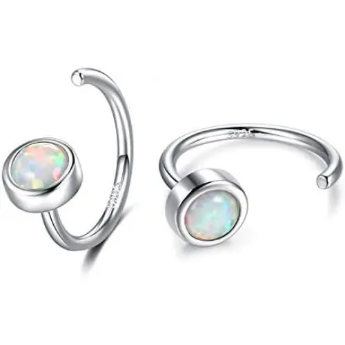 Dainty Hug Hoops Earrings 925 Sterling Silver Created Gemstone Huggie Hoops Earrings Synthetic Fire Opal/Turquoise/Moonstone/CZ Tiny Hoop Earrings for Women Half Hoop Earrings & Minimalist Design