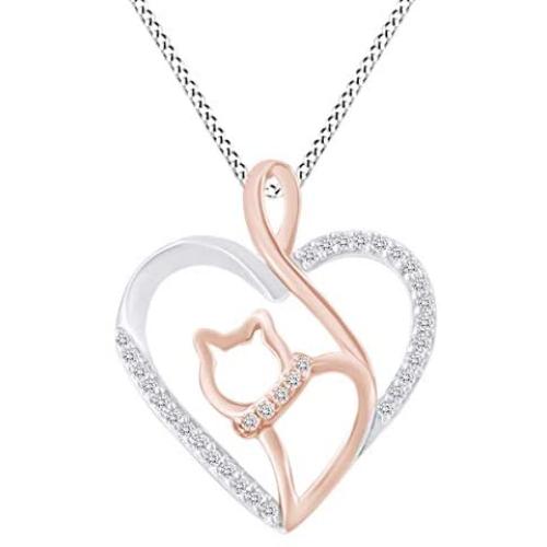 0.1 Cttw Round Natural Diamond Two Tone Open Heart Cat Pendant in 14K Gold Over Sterling Silver