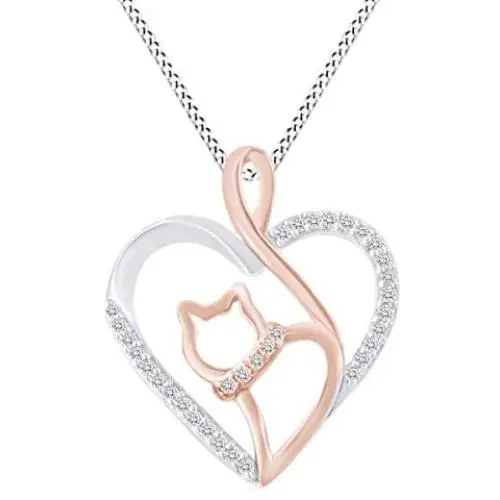 0.1 Cttw Round Natural Diamond Two Tone Open Heart Cat Pendant in 14K Gold Over Sterling Silver 0.1 Cttw Round Natural Diamond Two Tone Open Heart Cat Pendant in 14K Gold Over Sterling Silver