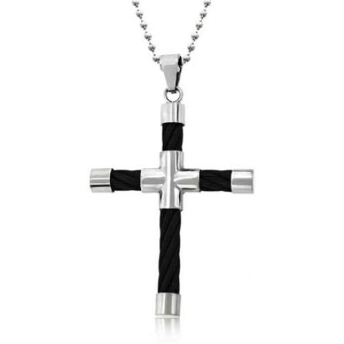 Mens Two Tone Tube Black Cable Cross Pendant Necklace for Men for Teen Black Silver Tone Stainless Steel