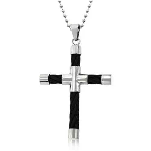 Mens Two Tone Tube Black Cable Cross Pendant Necklace for Men for Teen Black Silver Tone Stainless Steel Mens Two Tone Tube Black Cable Cross Pendant Necklace for Men for Teen Black Silver Tone Stainless Steel