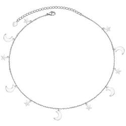 S925 Sterling Silver Celestial Jewelry Crescent Moon and Lucky Star Choker Necklace Disc Chain Statement Short Chain Necklace for Women Girls