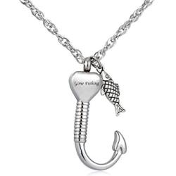 Gredstar Gone Fishing Urn Necklace for Ashes Fish Hook Cremation Urn Pendant Fishing in Heaven Keepsake Jewelry (Gone Fishing + Fishing in Heaven)