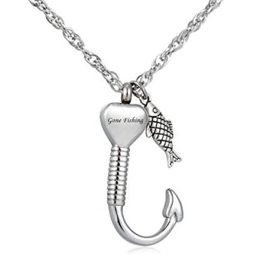 Gredstar Gone Fishing Urn Necklace for Ashes Fish Hook Cremation Urn Pendant Fishing in Heaven Keepsake Jewelry (Gone Fishing + Fishing in Heaven)