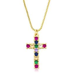 OUCHUANG Colorful Cross Pendant Necklaces for Women Crystal Gold Plated Cubic Zirconia Jewelry Gifts