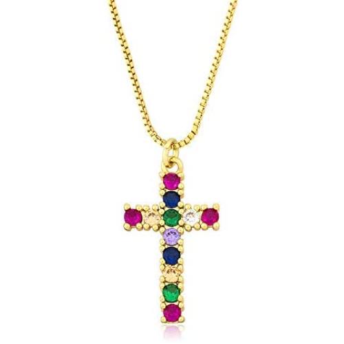 OUCHUANG Colorful Cross Pendant Necklaces for Women Crystal Gold Plated Cubic Zirconia Jewelry Gifts