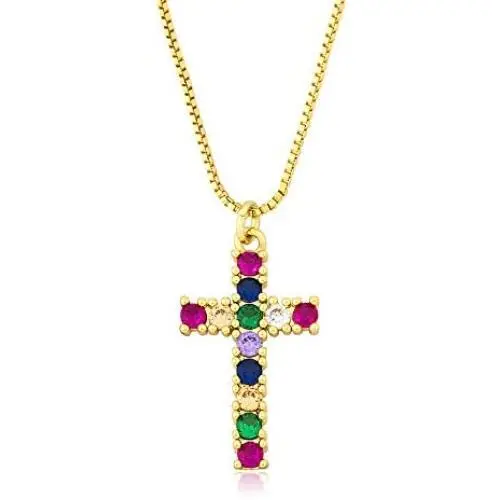OUCHUANG Colorful Cross Pendant Necklaces for Women Crystal Gold Plated Cubic Zirconia Jewelry Gifts