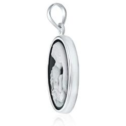 Delicate Petite Victorian Vintage Antique Style Black White Craved Mother and Child Loving Cameo Pendant Son Daughter Necklace For Women 925 Sterling Silver