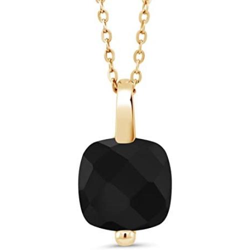 Gem Stone King 18K Yellow Gold Plated Silver Checkerboard Black Onyx Pendant Necklace With 18 Inch Chain 3.60 Ctw