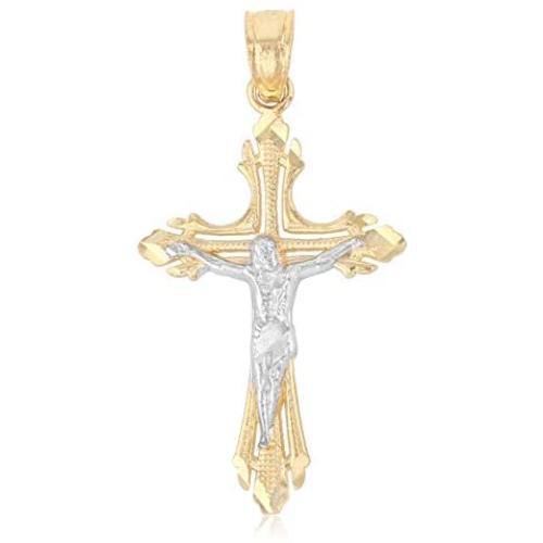 Ioka - 14K Two Tone Gold Jesus Crucifix Cross Religious Charm Small Pendant For Necklace or Chain