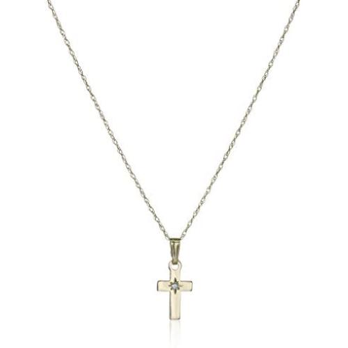 Childrens 14k Yellow Gold and Babys Small Polished Cross Pendant Necklace with Genuine Diamond, 13''