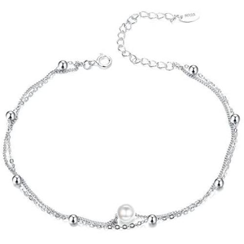Sllaiss 925 Sterling Silver Bracelet Double Layered Chain for Women Girls with Tiny Beads Pearl Adjustable Bracelet Chain Beach Style Anklet Jewelry