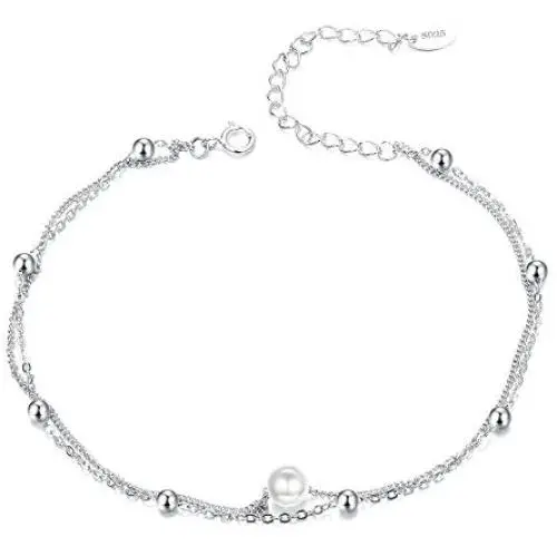 Sllaiss 925 Sterling Silver Bracelet Double Layered Chain for Women Girls with Tiny Beads Pearl Adjustable Bracelet Chain Beach Style Anklet Jewelry Sllaiss 925 Sterling Silver Bracelet Double Layered Chain for Women Girls with Tiny Beads Pearl Adjustable Bracelet Chain Beach Style Anklet Jewelry