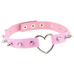 COLORFUL BLING Punk Leather Rivets Heart Circle Choker Necklace PU Leather Rock Gothic Spikes Adjustable Neck Choker Necklace Jewelry for Unisex