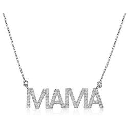 Women Gold Necklace Personalized Cubic Zirconia Word Love/MAMA Pendant Necklace 18K White Gold Plated Dainty Simple Handmade Jewelry Gift for Christmas/Valentines Day/Mothers Day