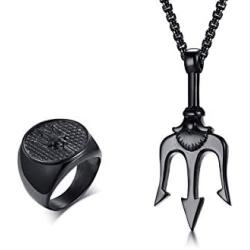XUANPAI Stainless Steel Mens Punk Trident Neptune Pendant Necklace Statement Ring Gifts for Him Hip Hop Jewelry Set