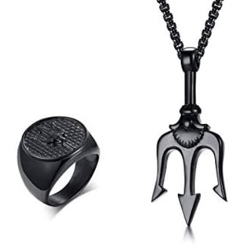 XUANPAI Stainless Steel Mens Punk Trident Neptune Pendant Necklace Statement Ring Gifts for Him Hip Hop Jewelry Set