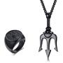 XUANPAI Stainless Steel Mens Punk Trident Neptune Pendant Necklace Statement Ring Gifts for Him Hip Hop Jewelry Set