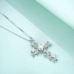 SOULMEET Cross Pendant Necklace Jewelry Gift for Women, Sterling Silver Simulated Opal White Gold Plated Leaf Necklace for Love God We Trust