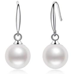 Pearl Dangle Drop Earrings Genuine Freshwater Cultured White Pearl Fishhook Earrings 925 Sterling Silver Jewelry Gift for Women Girls