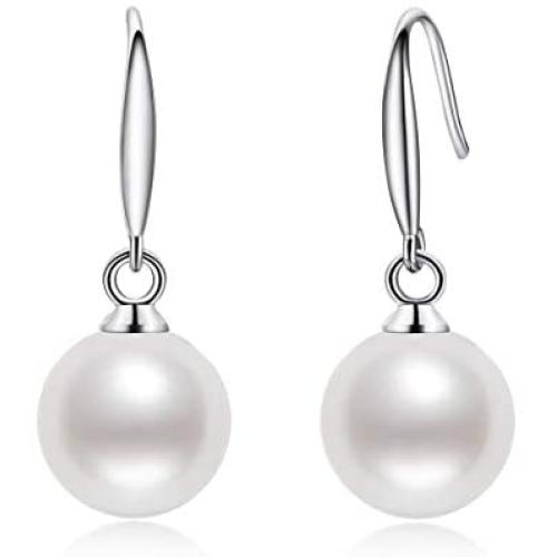 Pearl Dangle Drop Earrings Genuine Freshwater Cultured White Pearl Fishhook Earrings 925 Sterling Silver Jewelry Gift for Women Girls