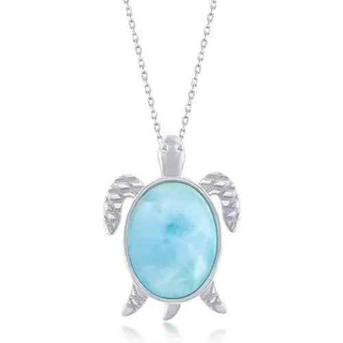 Nautical Turtle Caribbean Natural Larimar Gemstone Sterling Silver Pendant 18’’ Necklace Jewelry for Women or Teens