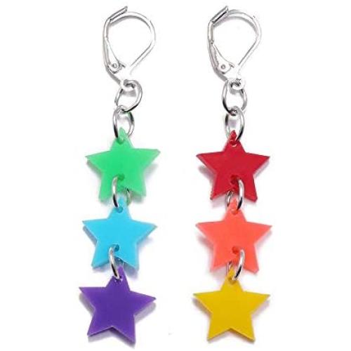 Cute Resin Heart-shaped Dangle Drop Earring Funny Cartoonn Rainbow Color stars Drop Earrings Acrylic Interlocking Heart Tassel Earrings for Women Girls Jewelry Gift
