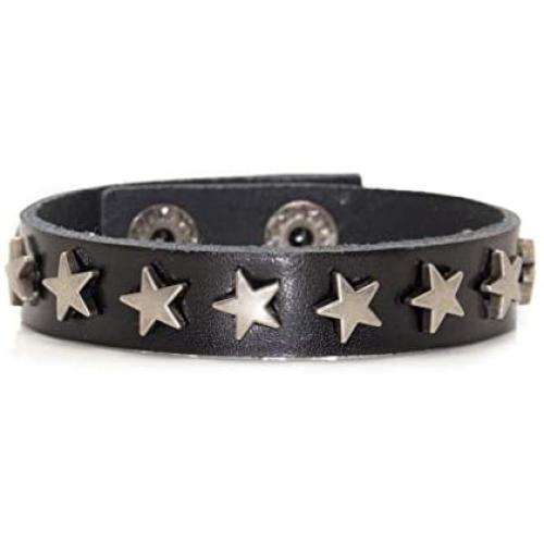 Xusamss Hip Hop Alloy Star Wristband Leather Cuff Bracelet,7.5inches