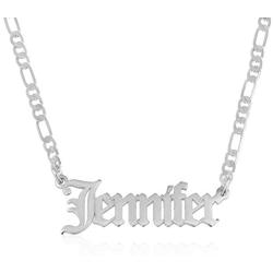 Beleco Jewelry Customize Name Necklace With Figaro Chain in Sterling Silver 925 Custom Name Plate Necklace With 15 Font Style - Personalized Any Name/Word Up To 11 Characters - Womans Mens Gift Ideas