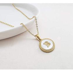 Glimmerst 18K Gold Plated Stainless Steel Initial Necklace White Shell Round Coin Letter Pendant Necklace Personalized Name Necklace for Women Girls