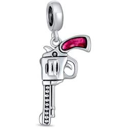 Western Marksmen Pistol Revolver Gun Dangle Bead Charm For Women Oxidized .925 Sterling Silver Fits European Bracelet