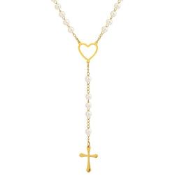EDFORCE Stainless Steel Heart and Pearl Rosary with Cross, 29.5 inch