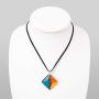 SUVANI Hand Painted Glass Jewelry Blue Water & Orange Fire Square Shape Pendant Necklace 18”-20''