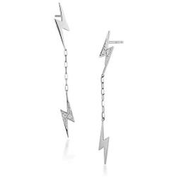 Double Lightning Bolt Tassel Drop Dangle Mini Crystal Stud Earrings for Women Girls 925 Sterling Silver Tiny Piercing Ear Studs Cartilage Tragus Chain Nickel Free Fashion Punk Jewelry