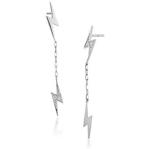 Double Lightning Bolt Tassel Drop Dangle Mini Crystal Stud Earrings for Women Girls 925 Sterling Silver Tiny Piercing Ear Studs Cartilage Tragus Chain Nickel Free Fashion Punk Jewelry